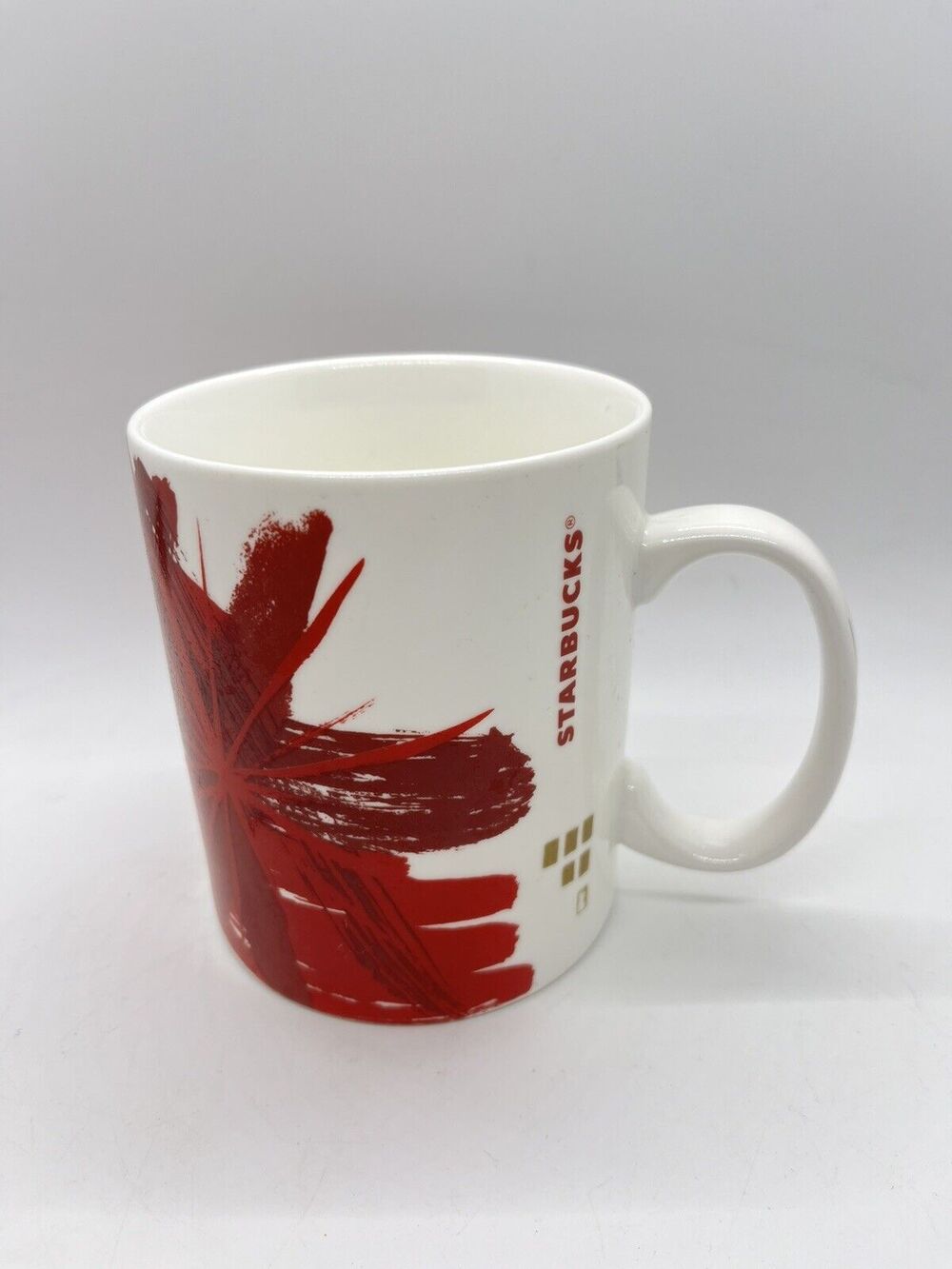 Starbucks Coffee Mug 2014 Abstract Red Starburst Gold Squares On White 12 Oz